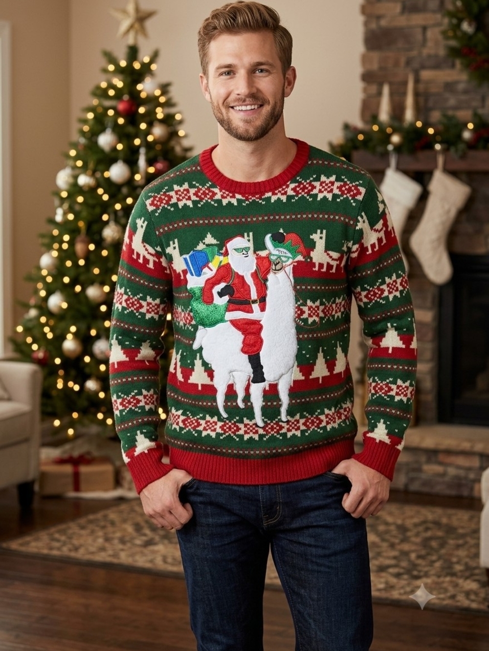 Blizzard Bay Men’s XL Ugly Christmas Sweater Santa Riding Llama Fair Isle Graphi